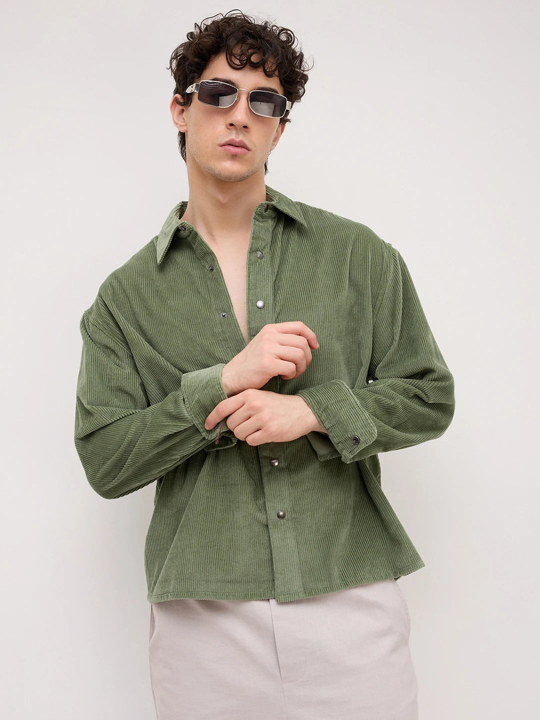 Green Mossline Structured Corduroy Boxy Fit Crop Shirt