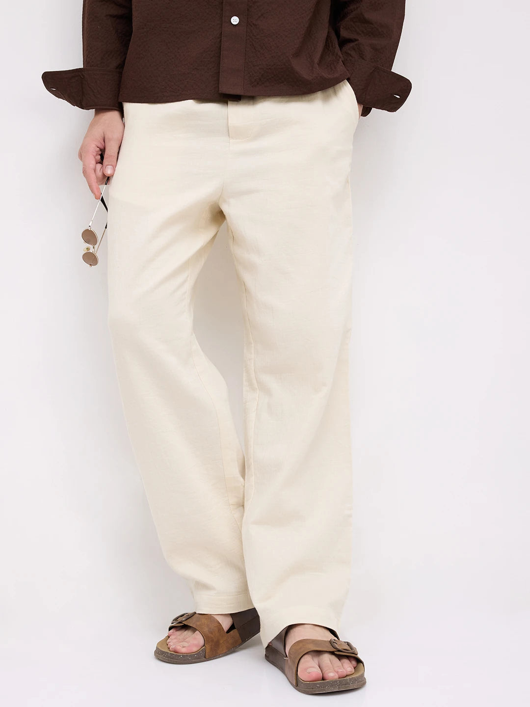 Cream Herringbone Textured Straight Fit Trousers