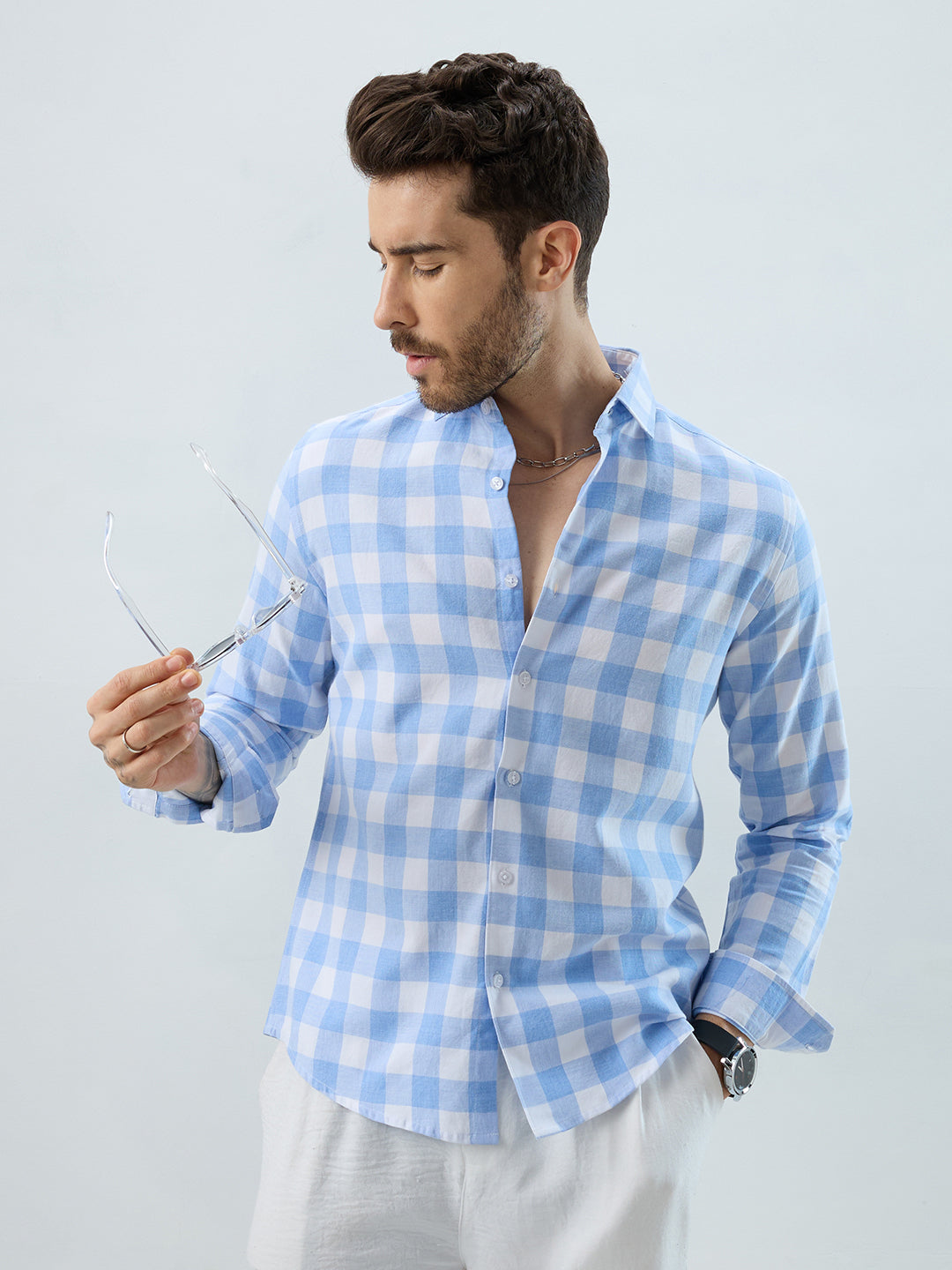 Refreshing Sky Blue Melange Gingham Checks Shirt