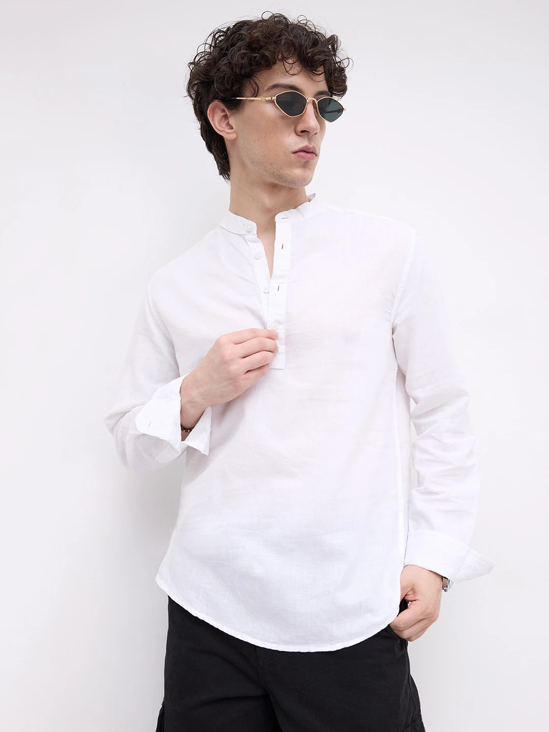 Pearl White Slub Textured Linen Blend Kurta