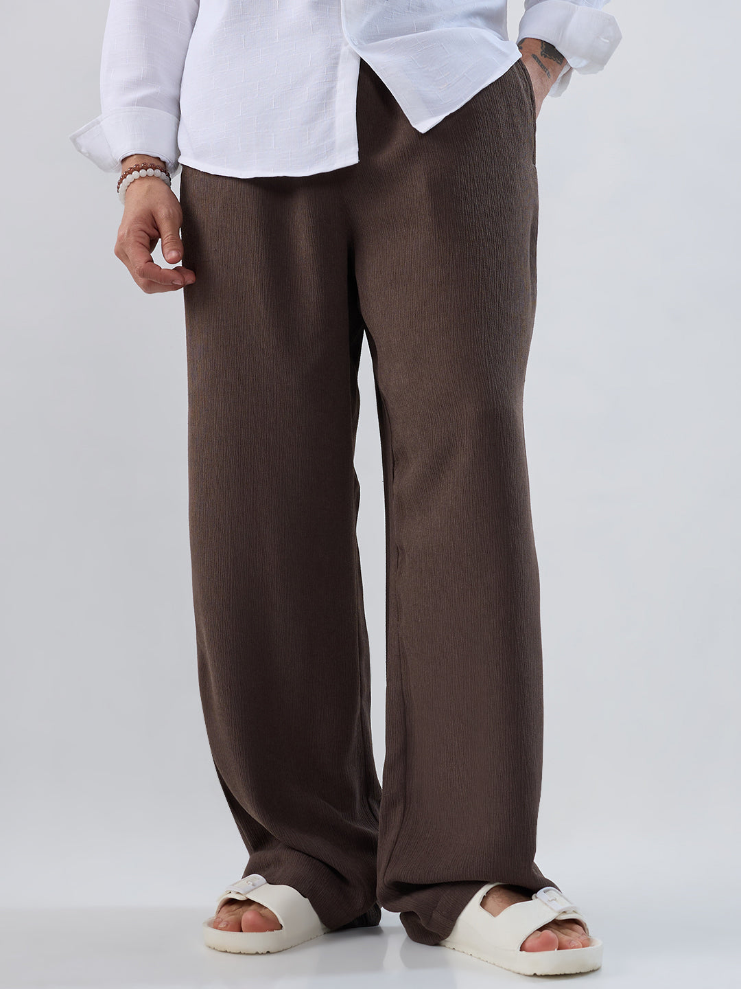 Bark Brown Soft Crepe Wide-Leg Trousers