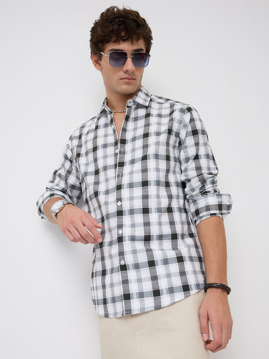 Premium White & Grey Plaid Checks Textured Shirt