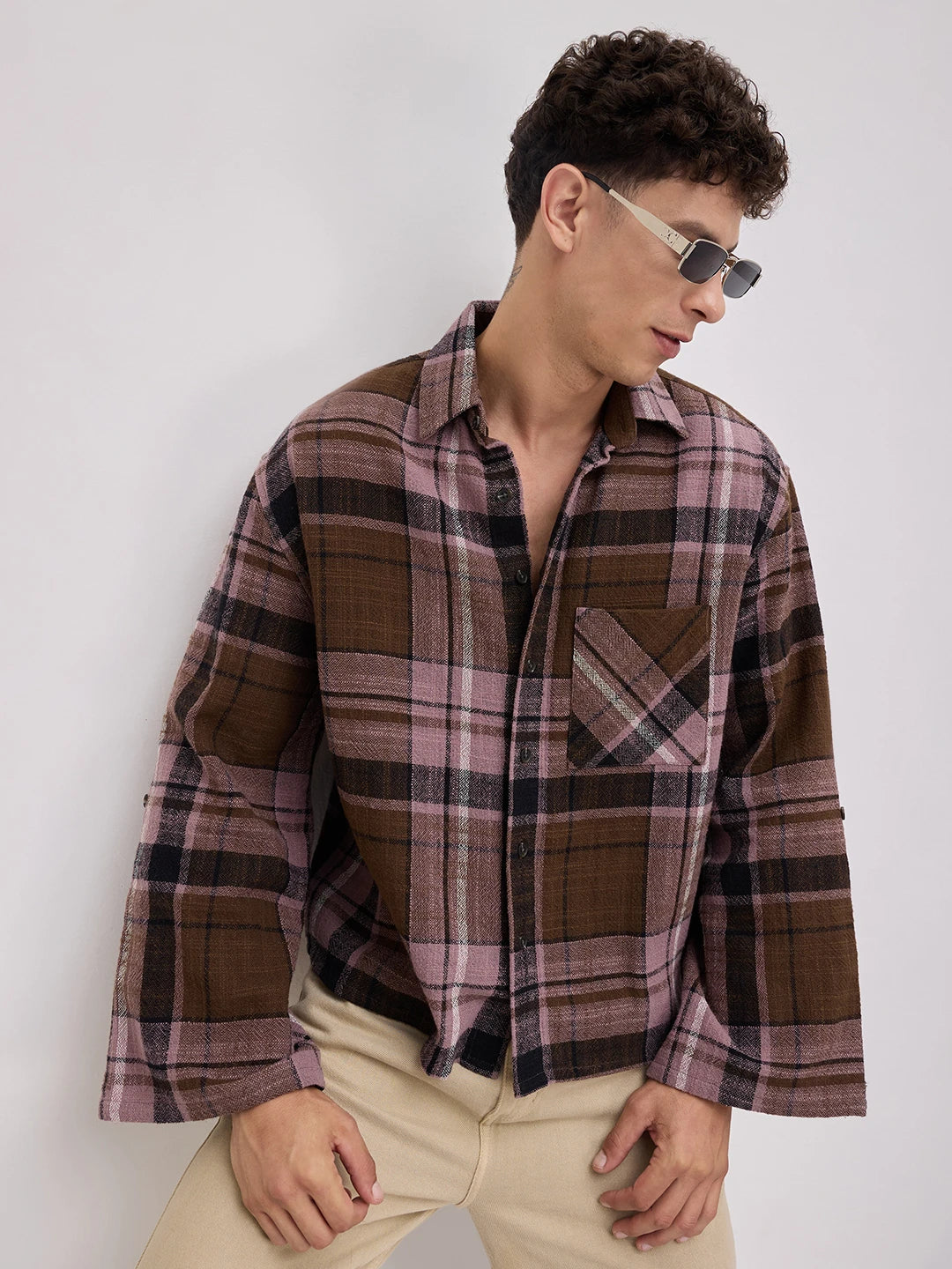 Luxe  Brown & Black Interlock Checks Cuffless Oversized Crop Shirt