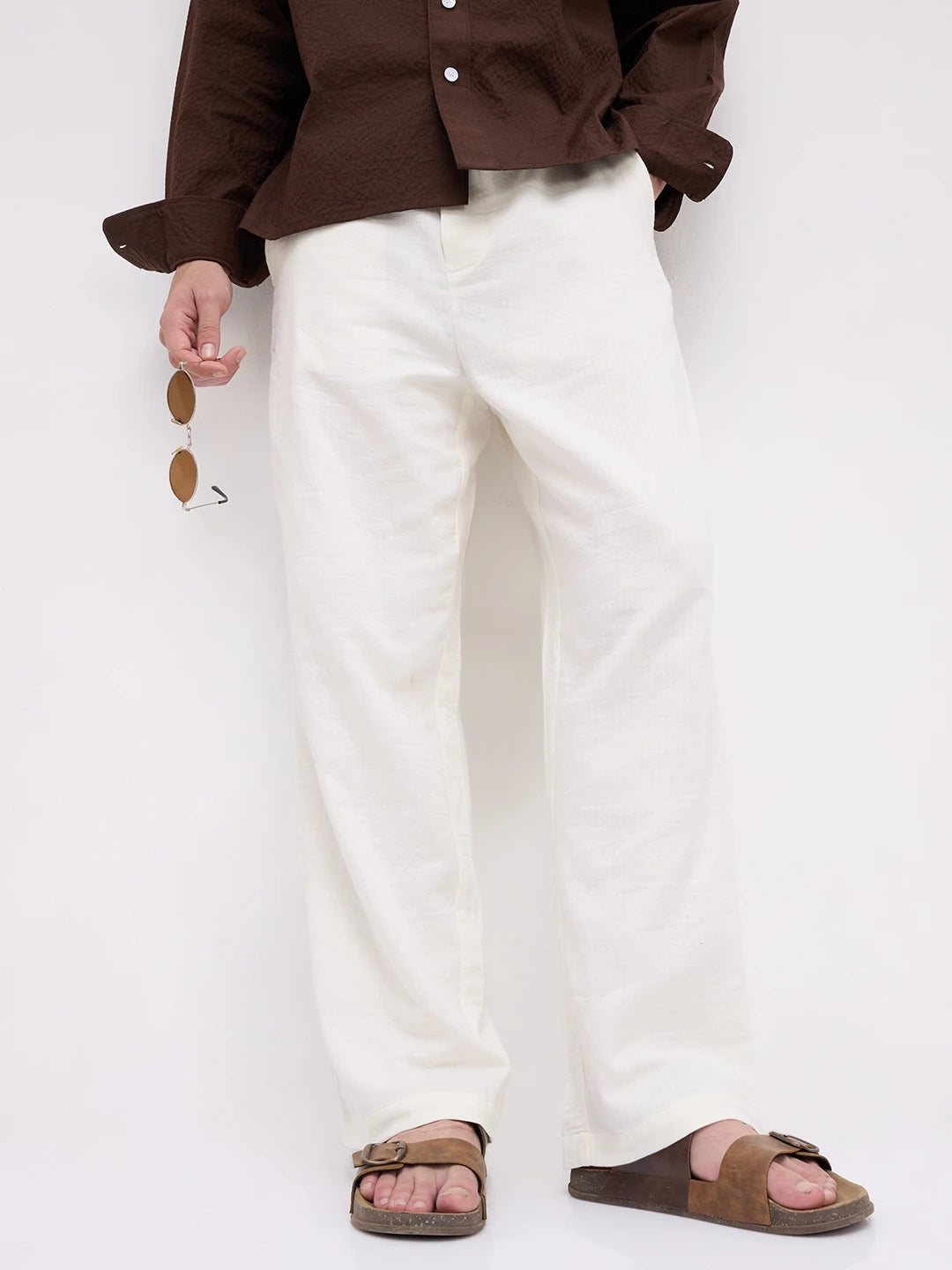 Pearl White Herringbone Textured Straight Fit Trousers