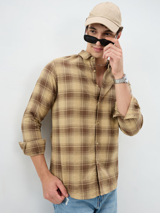 Brown Seersucker Checkered Shirt