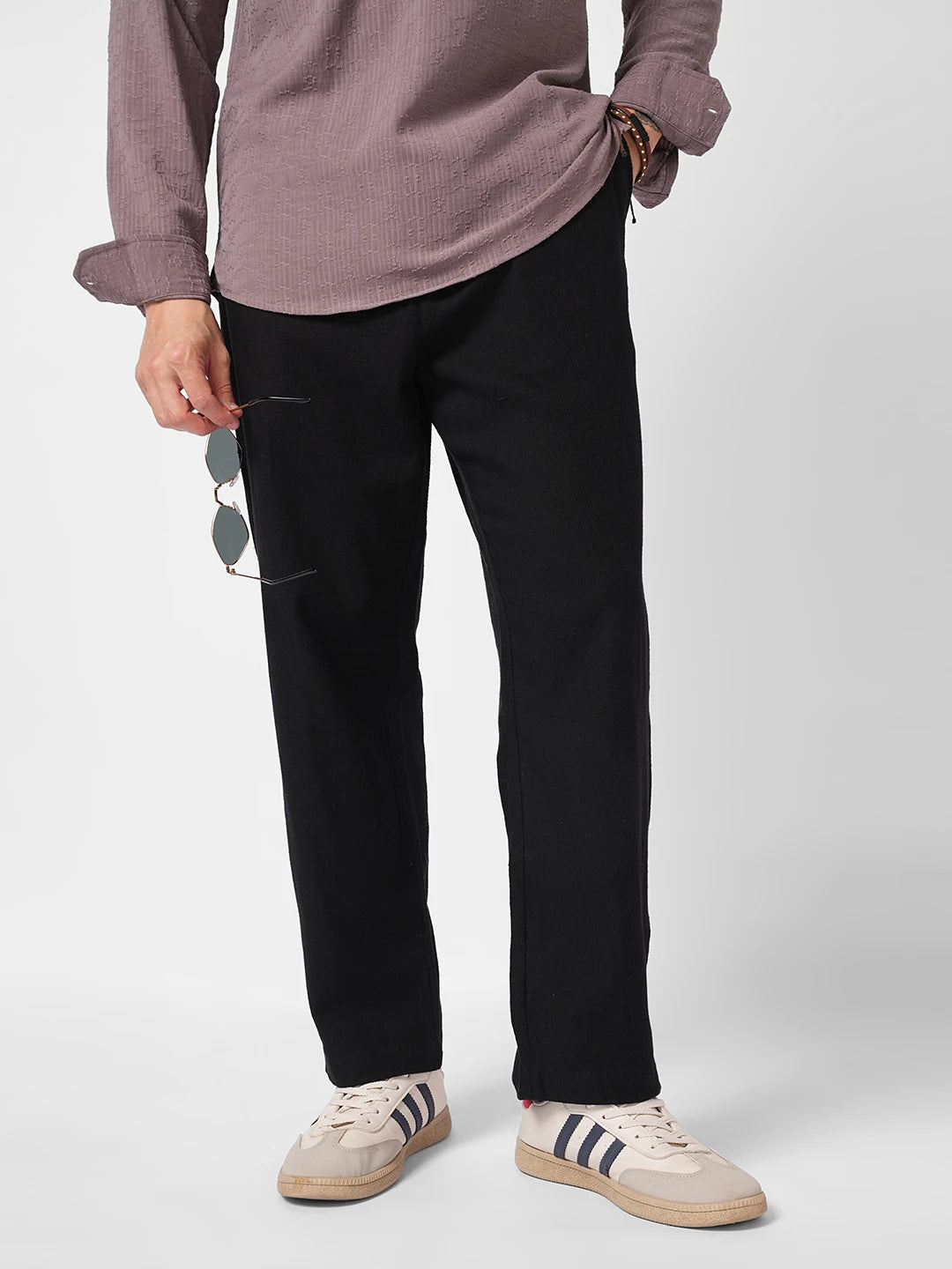 Black Diagonal Twill Textured Tapered Trousers