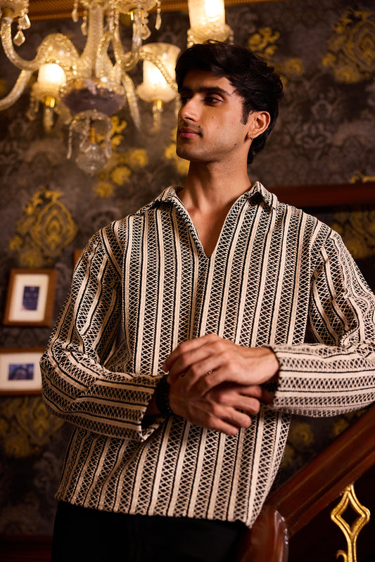 Monochrome Tribal Striped Crochet Oversized Polo Shirt