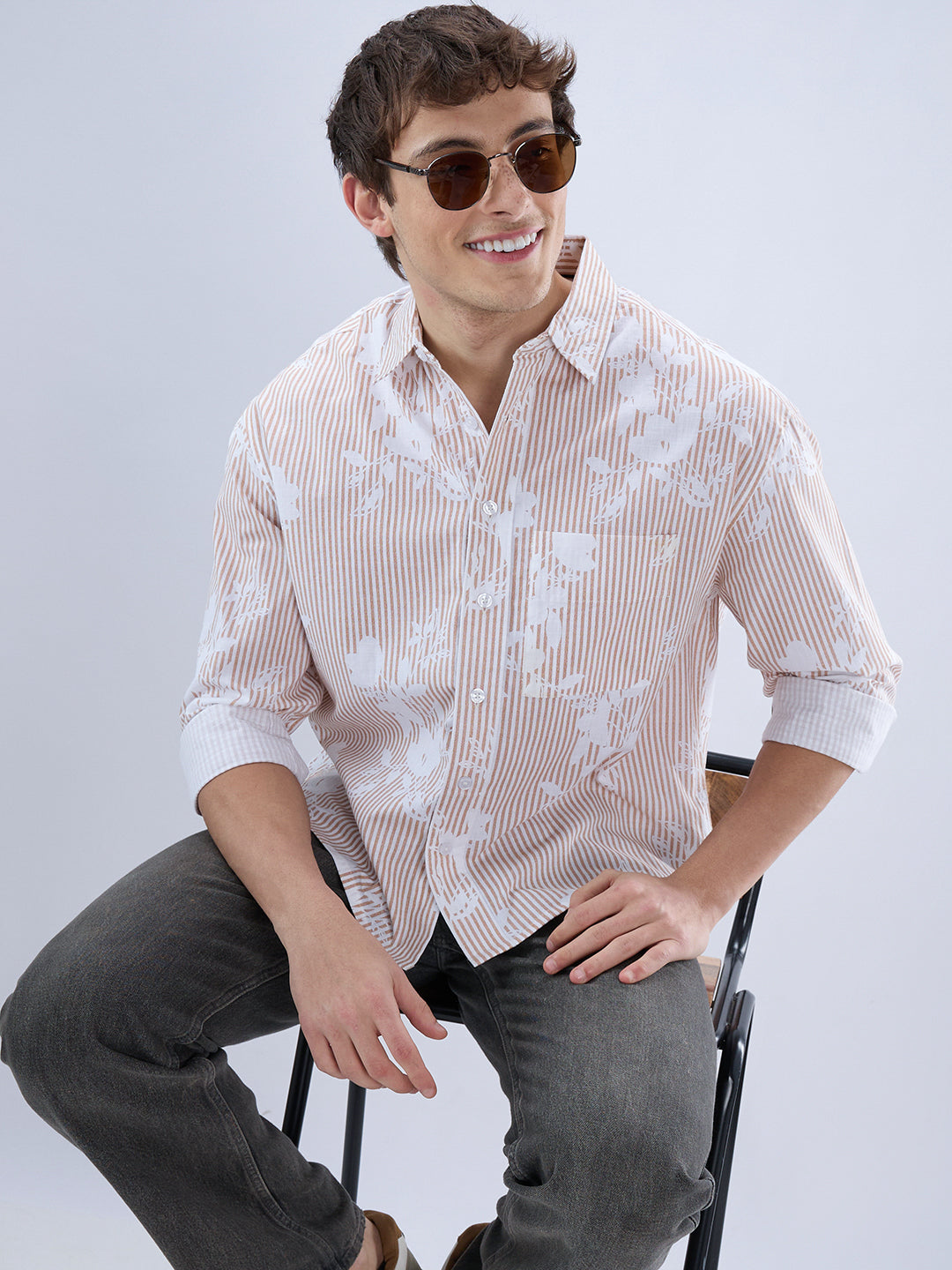 Brown & White Contemporary Floral Boxy Fit Crop Shirt