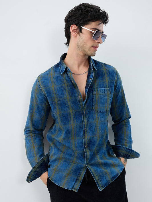 Versatile Navy & Green Denim Plaid Checks Shirt