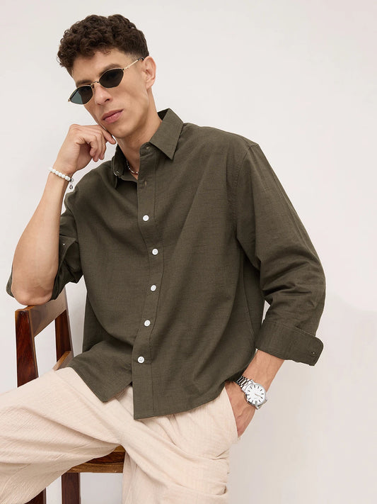 Emerald Green Fine Textured Boxy Fit Crop Shirt