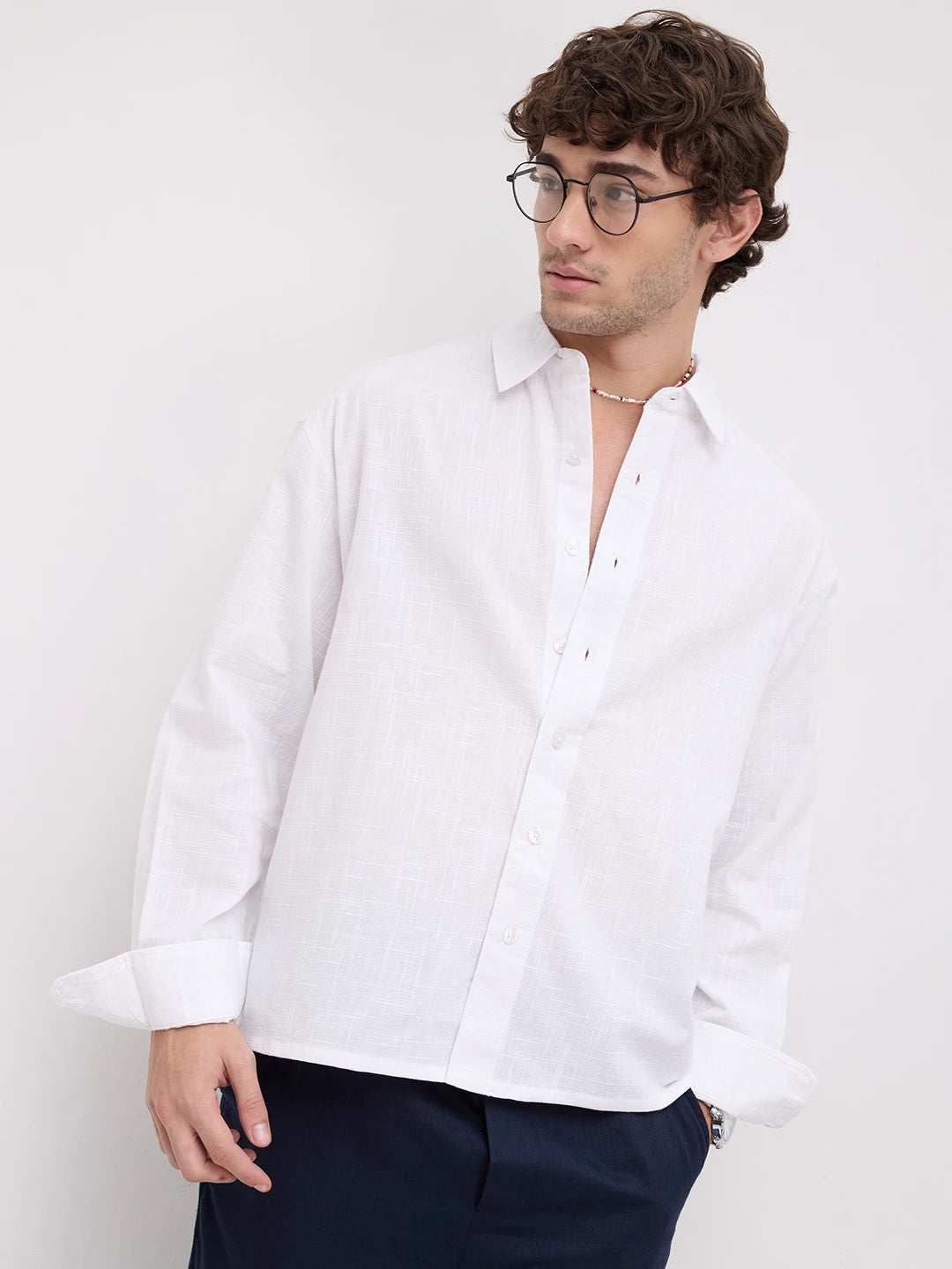 Sheer Snow White Micro Textured Boxy Fit Crop Shirt