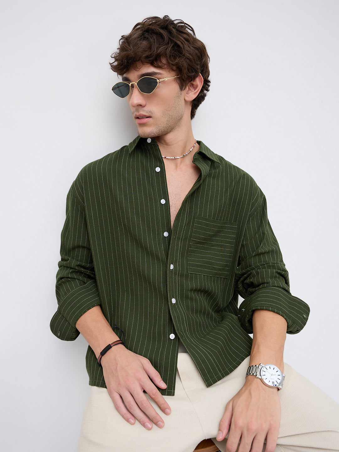 Midnight Emerald Stripe Edition Boxy Fit Crop Shirt