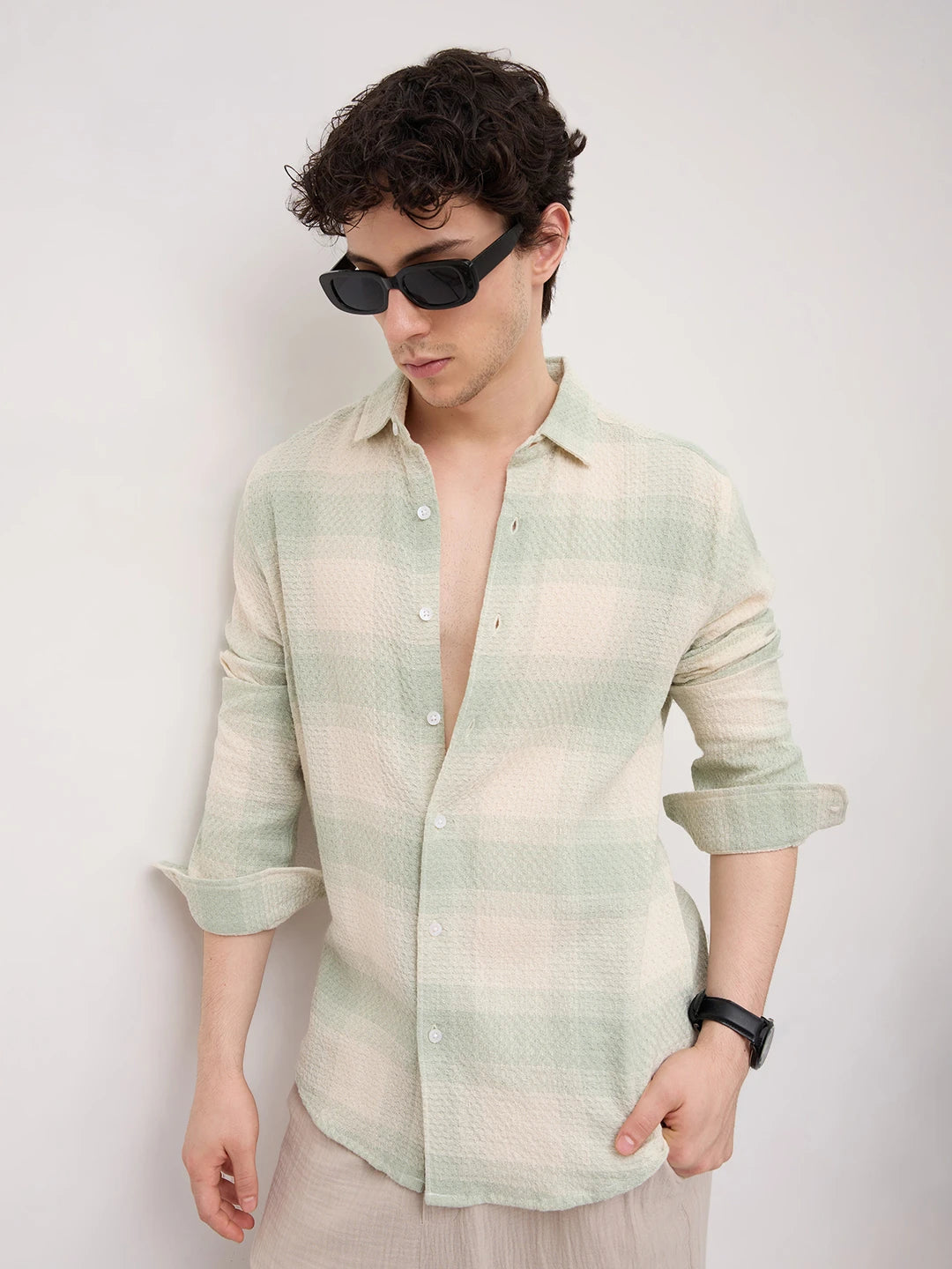 Soft Sage Honeycomb Grid Weave Shirt