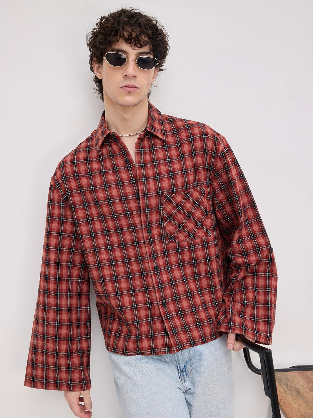 Luxe Rustic Redwood Plaid Edition Cuffless Oversized Crop Shirt