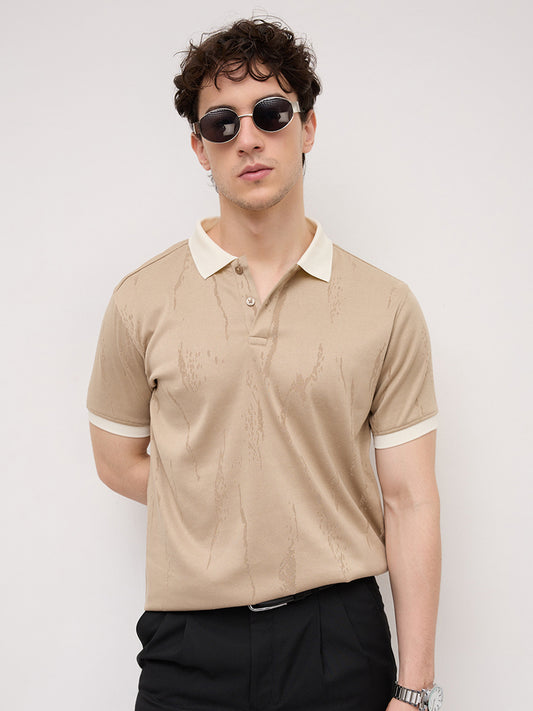 Intricate Beige Textured Contrast Polo Knit T-Shirt