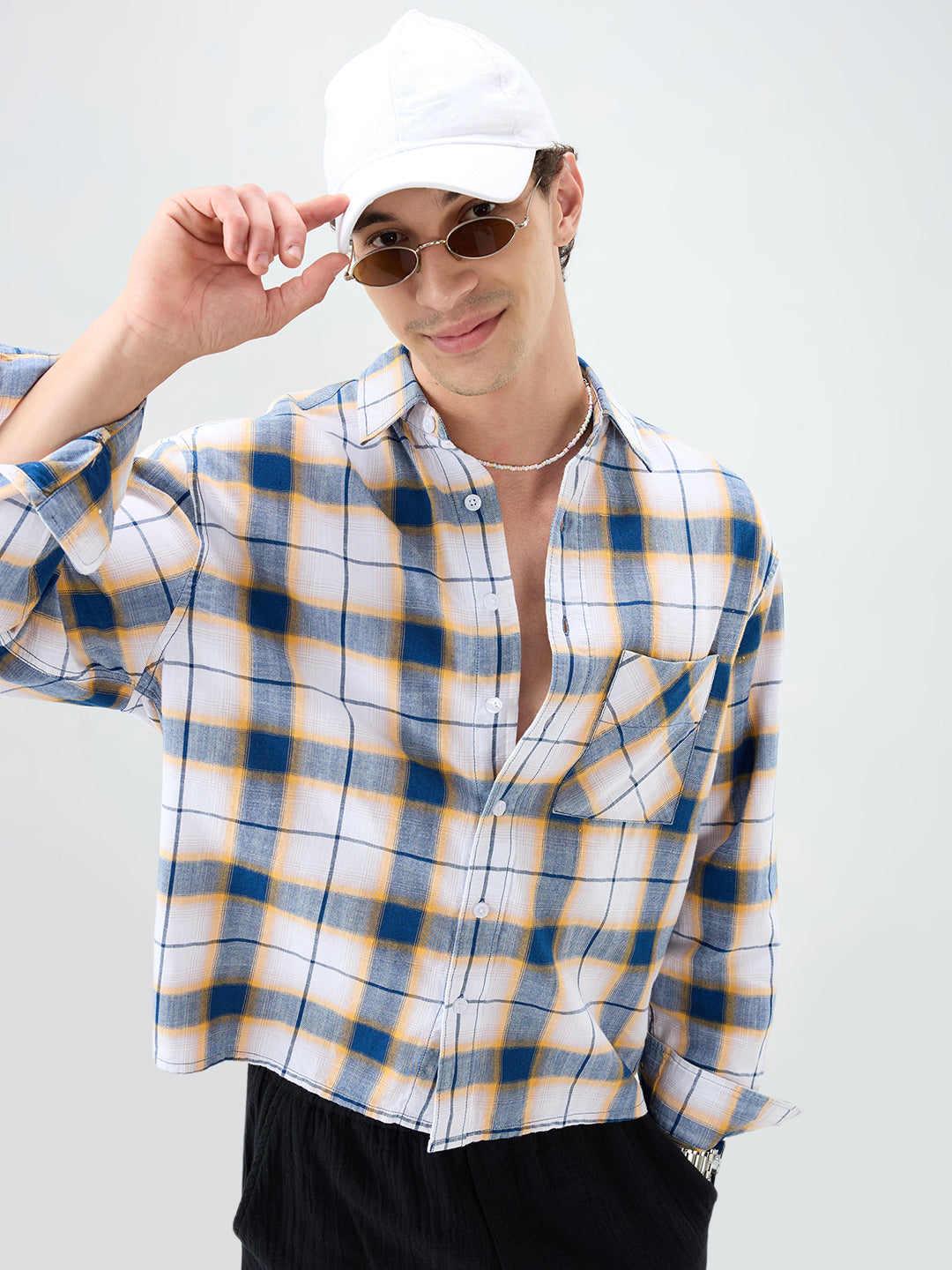 Denim Blue Herringbone Windowpane Checks Boxy Fit Shirt