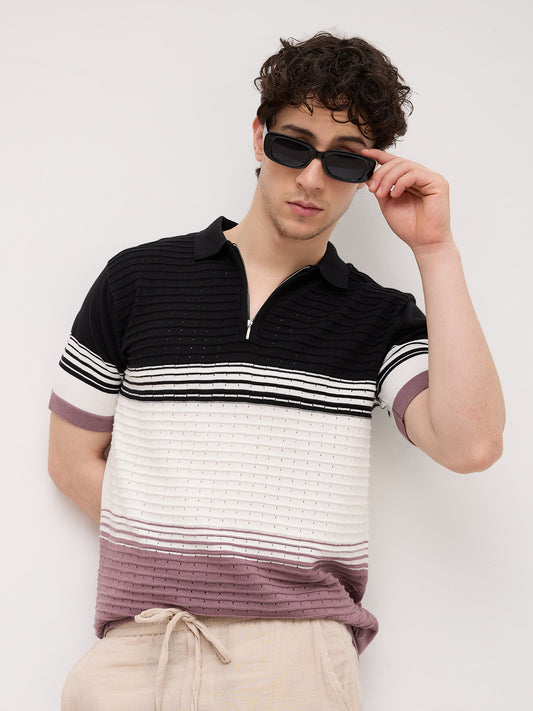 Twilight Horizon Panel Weave Zip Knit Polo T-Shirt