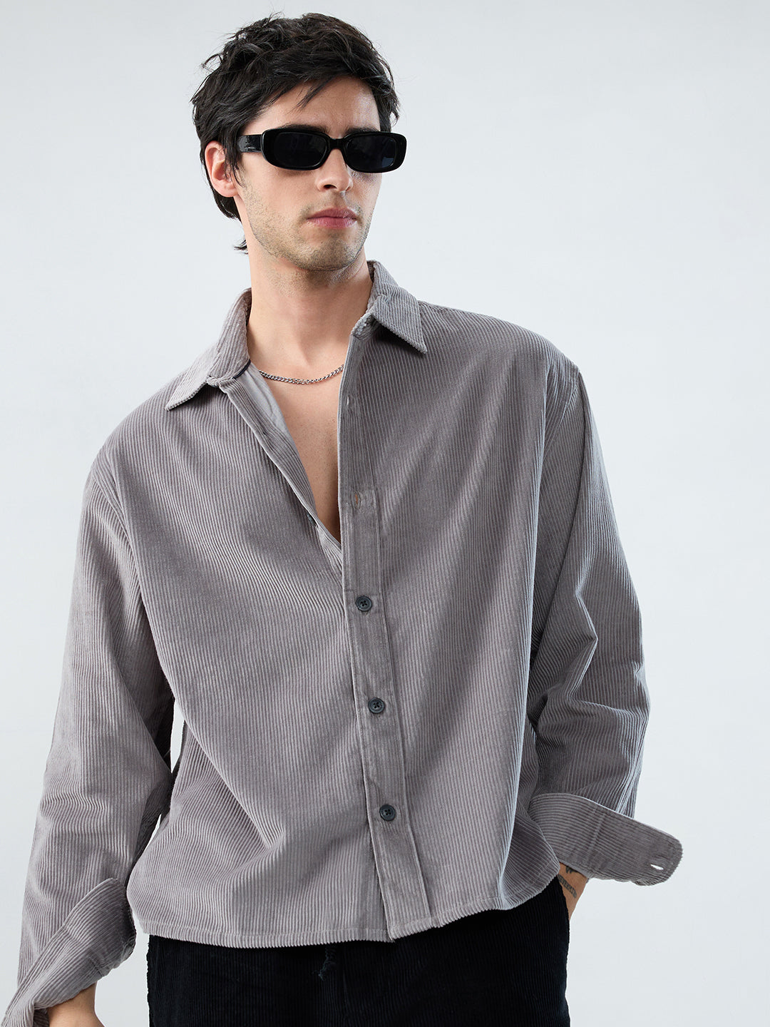 Cloud Grey Corduroy Boxy Fit Crop Shirt