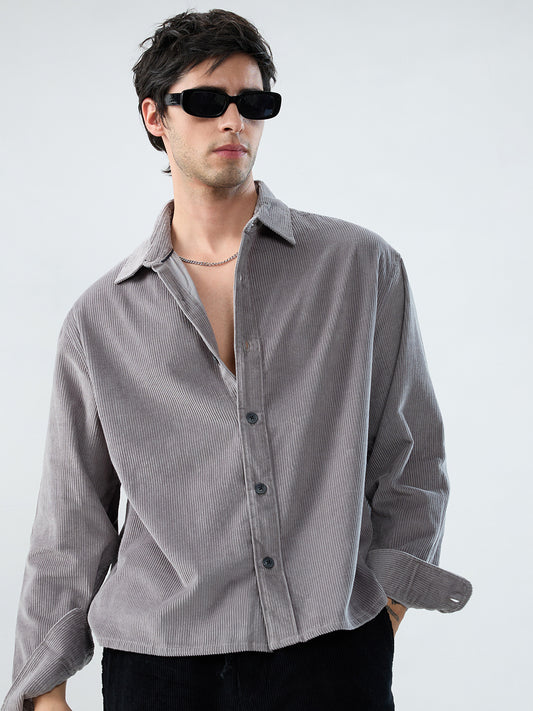 Cloud Grey Corduroy Boxy Fit Crop Shirt