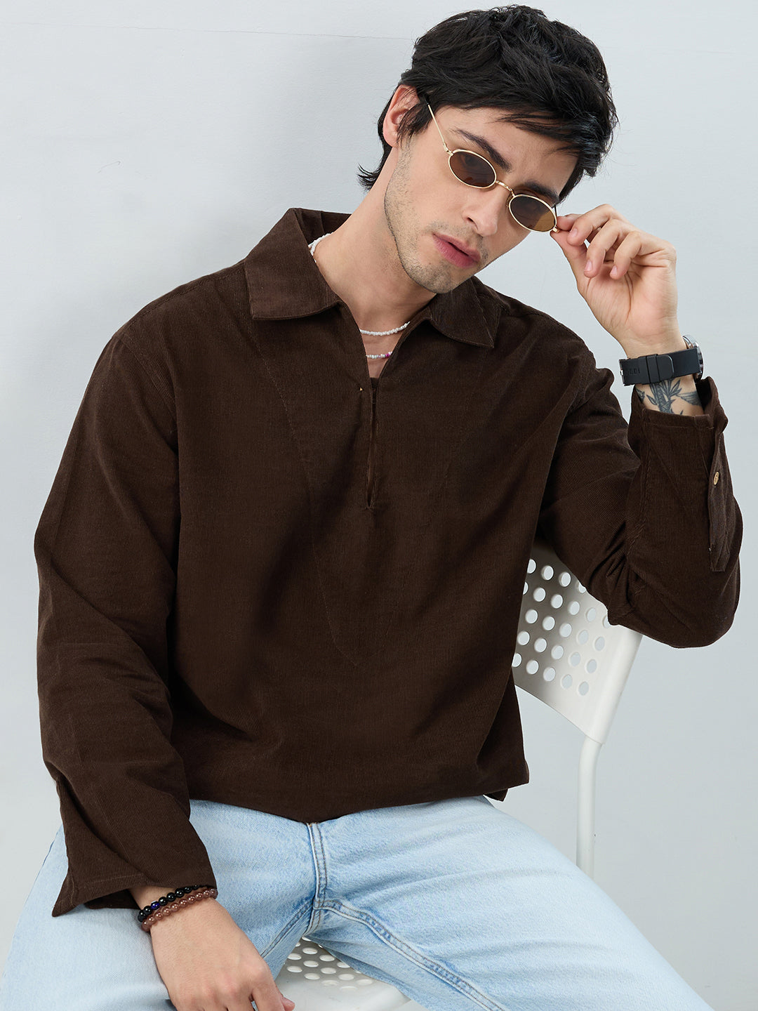 Carob Brown Corduroy Cuffless Oversized Shirt