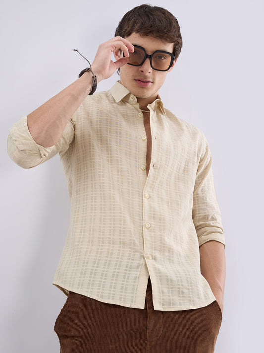 Casual Beige Textured Striped Shirt