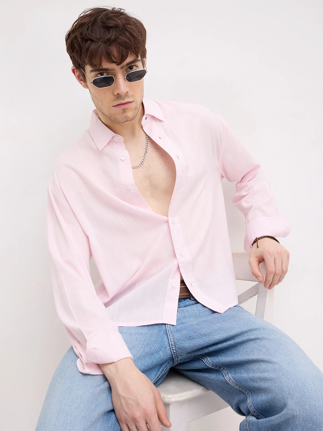 Charming Blush Pink Fine Textured Boxy Fit Crop Shirt