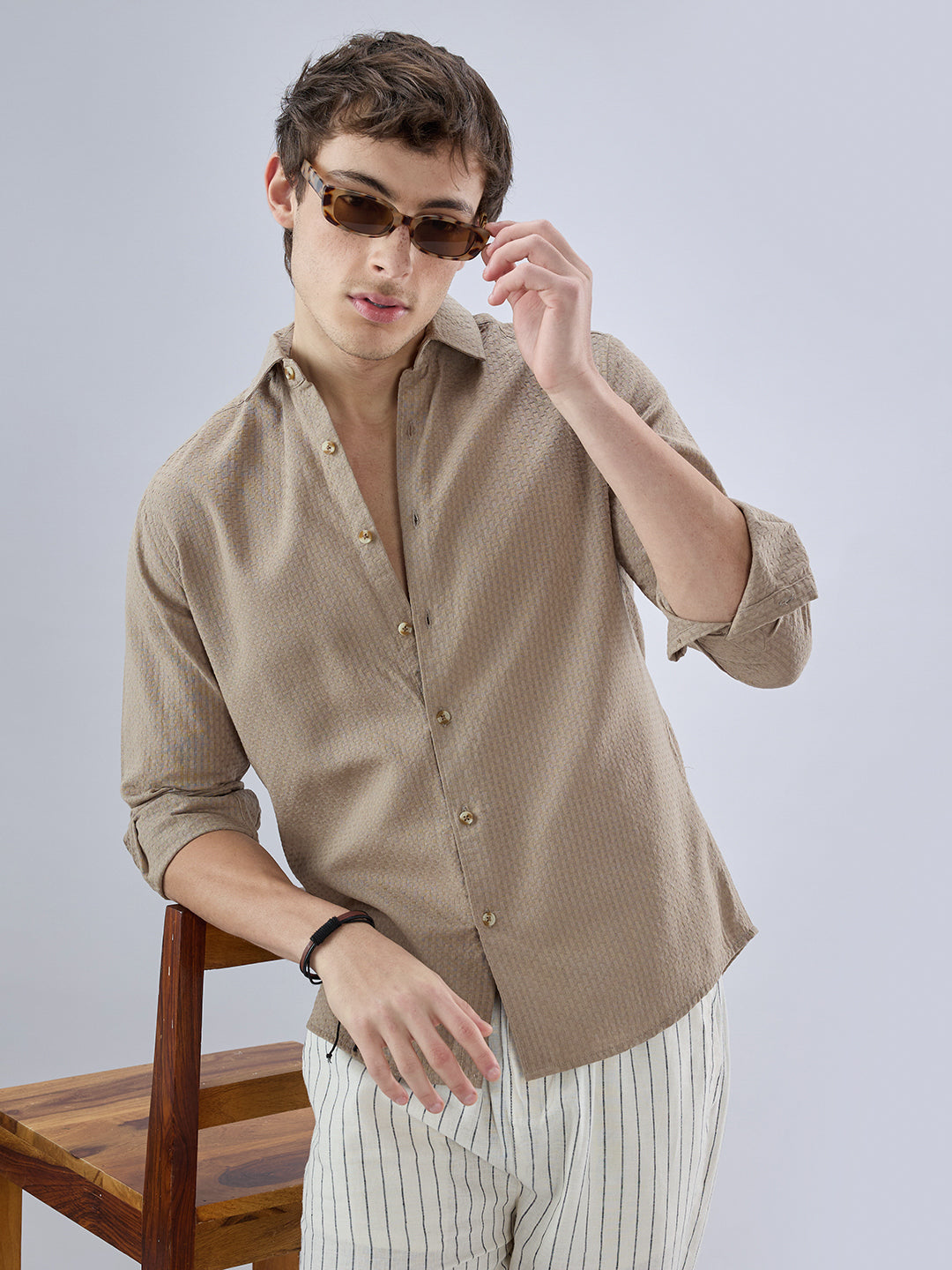 Warm Tan Beige Refined Textured Shirt