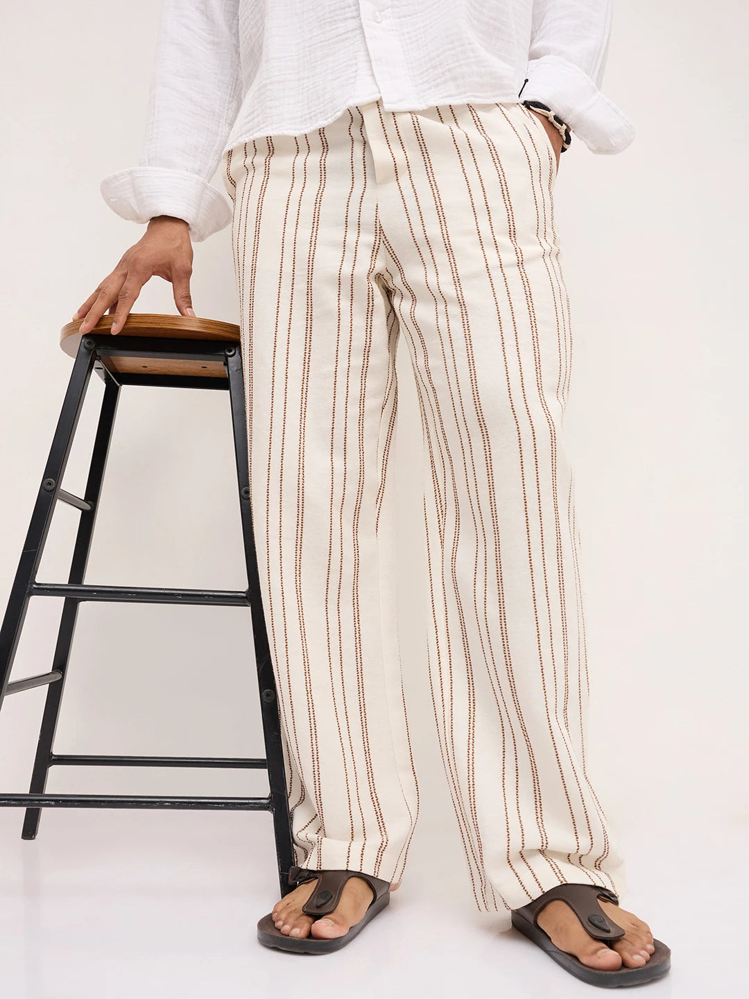 Artistic Off-White Crochet Striped Straight Fit Trousers