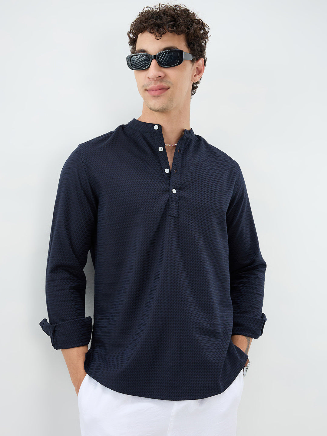 Ritzy Navy Zig-Zag Textured Kurta