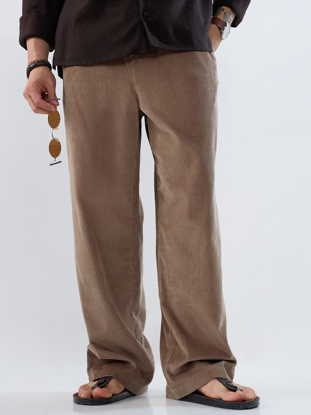 Pastel Olive Corduroy Straight-Fit Trousers