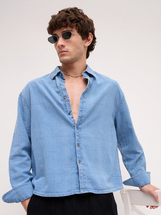 Premium Denim Fine Box Checks Boxy Fit Crop Shirt