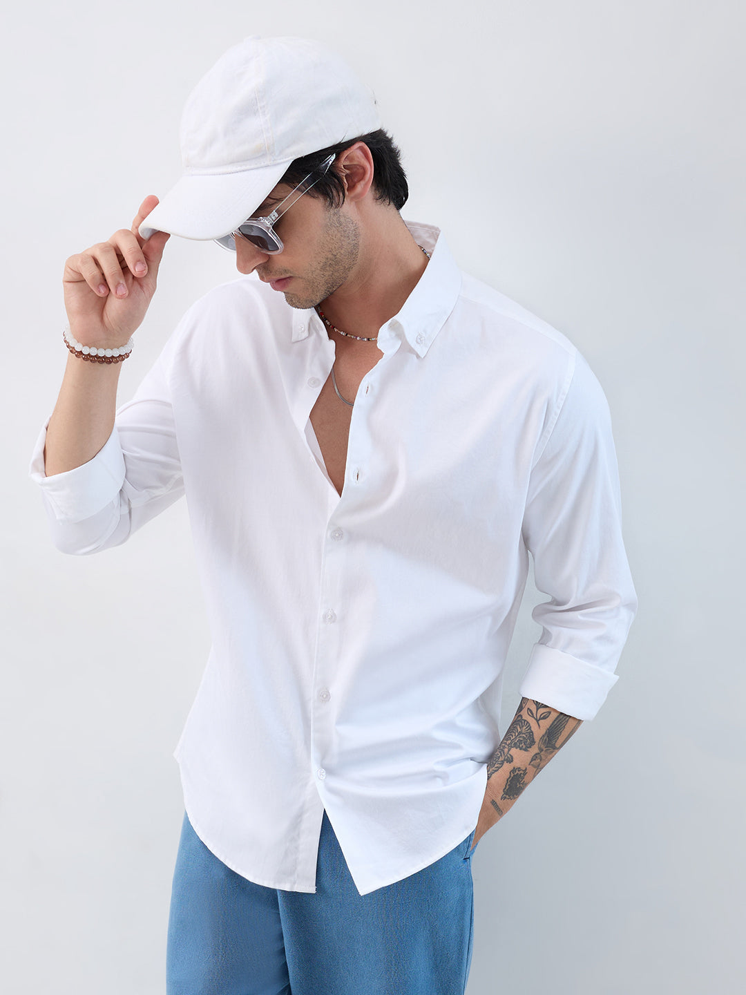 White Satin Button-Down Collar Business Shirt