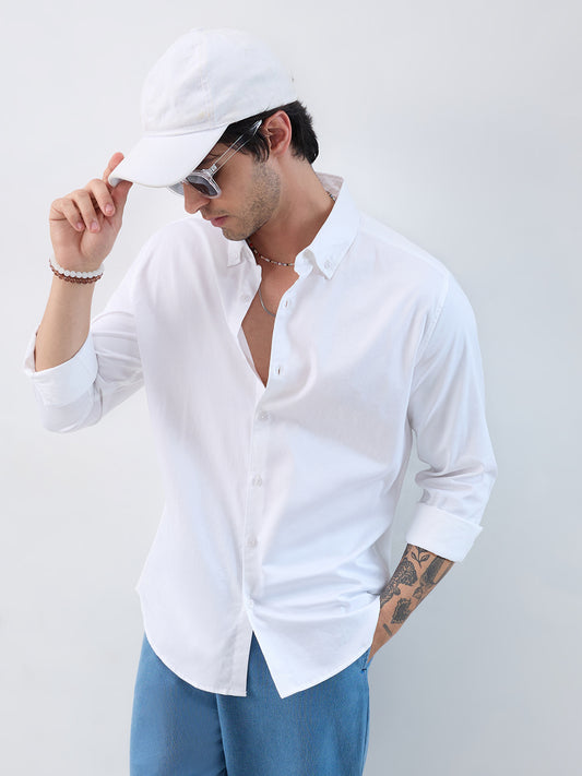 White Satin Button-Down Collar Business Shirt