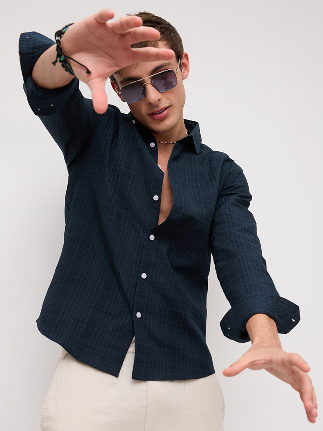 Plush Teal Ledger Checks Double Cloth Shirt