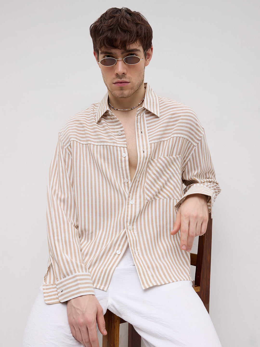 Timeless Khaki Striped Boxy Fit Crop Shirt