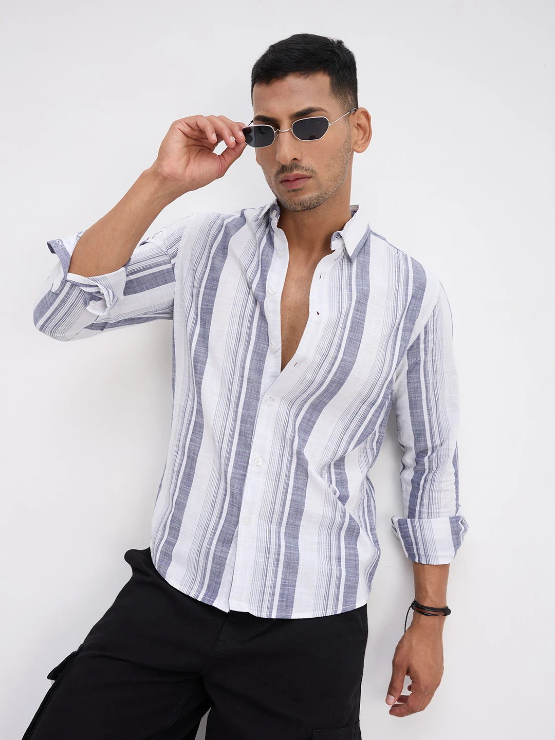 White & Navy Broad Striped Shirt