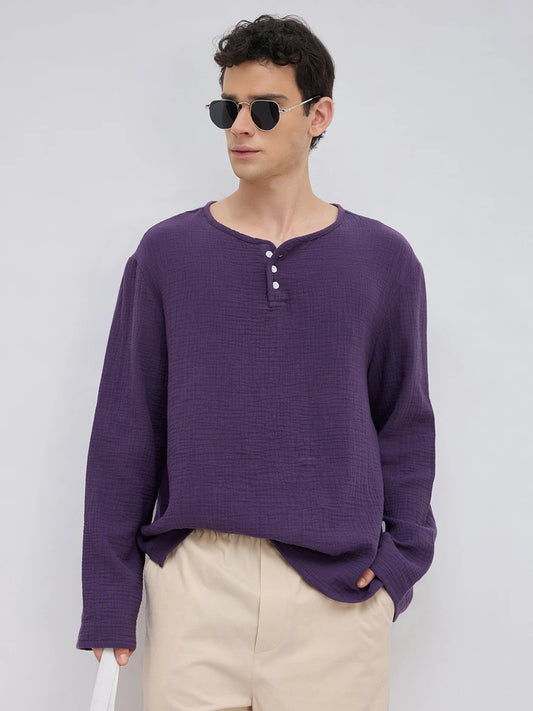 Aubergine Purple Double Cloth Henley Neck Oversized Shirt