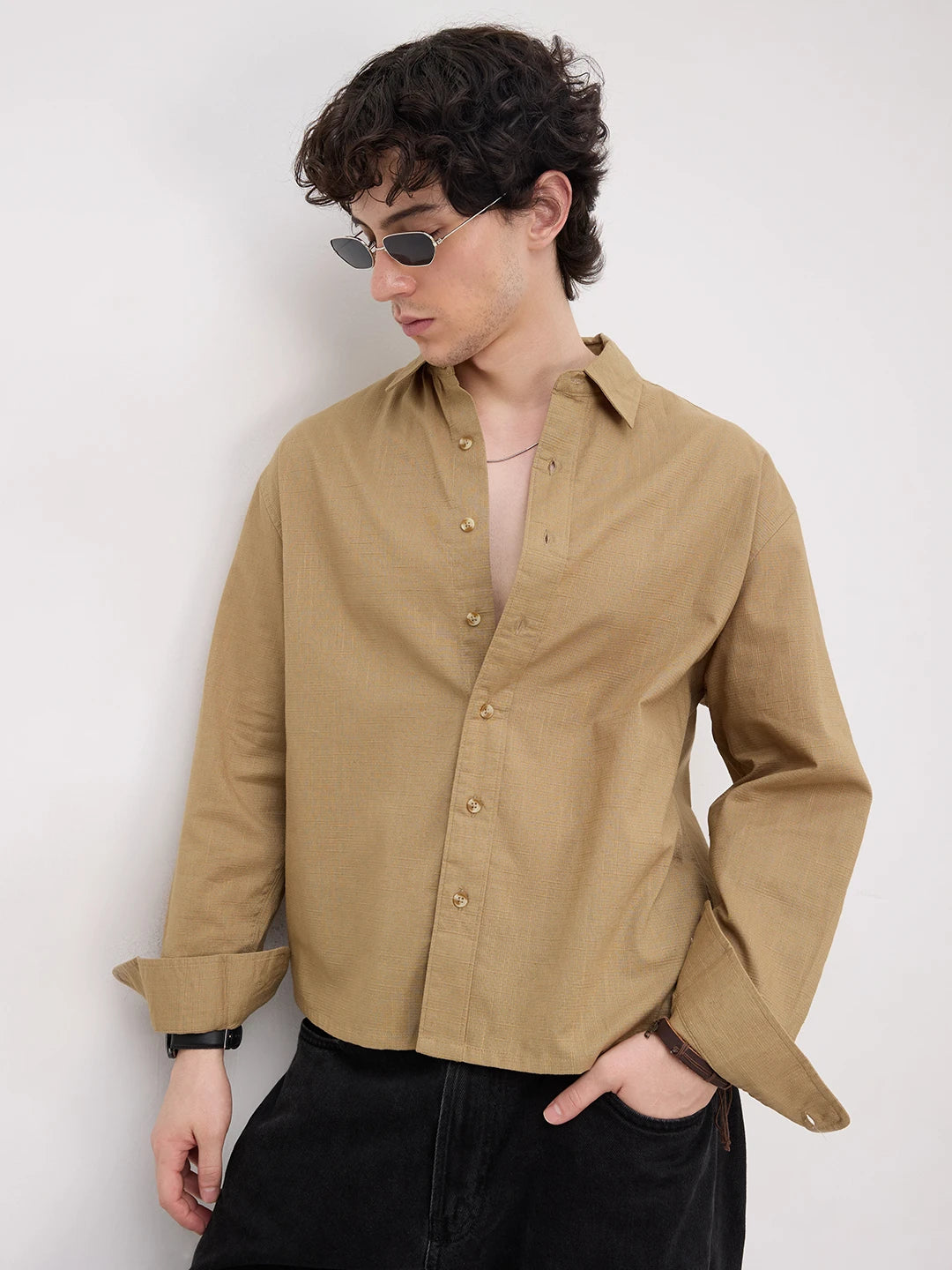 Rich Khaki Micro Square Textured Boxy Fit Crop Shirt