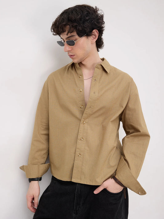 Rich Khaki Micro Square Textured Boxy Fit Crop Shirt