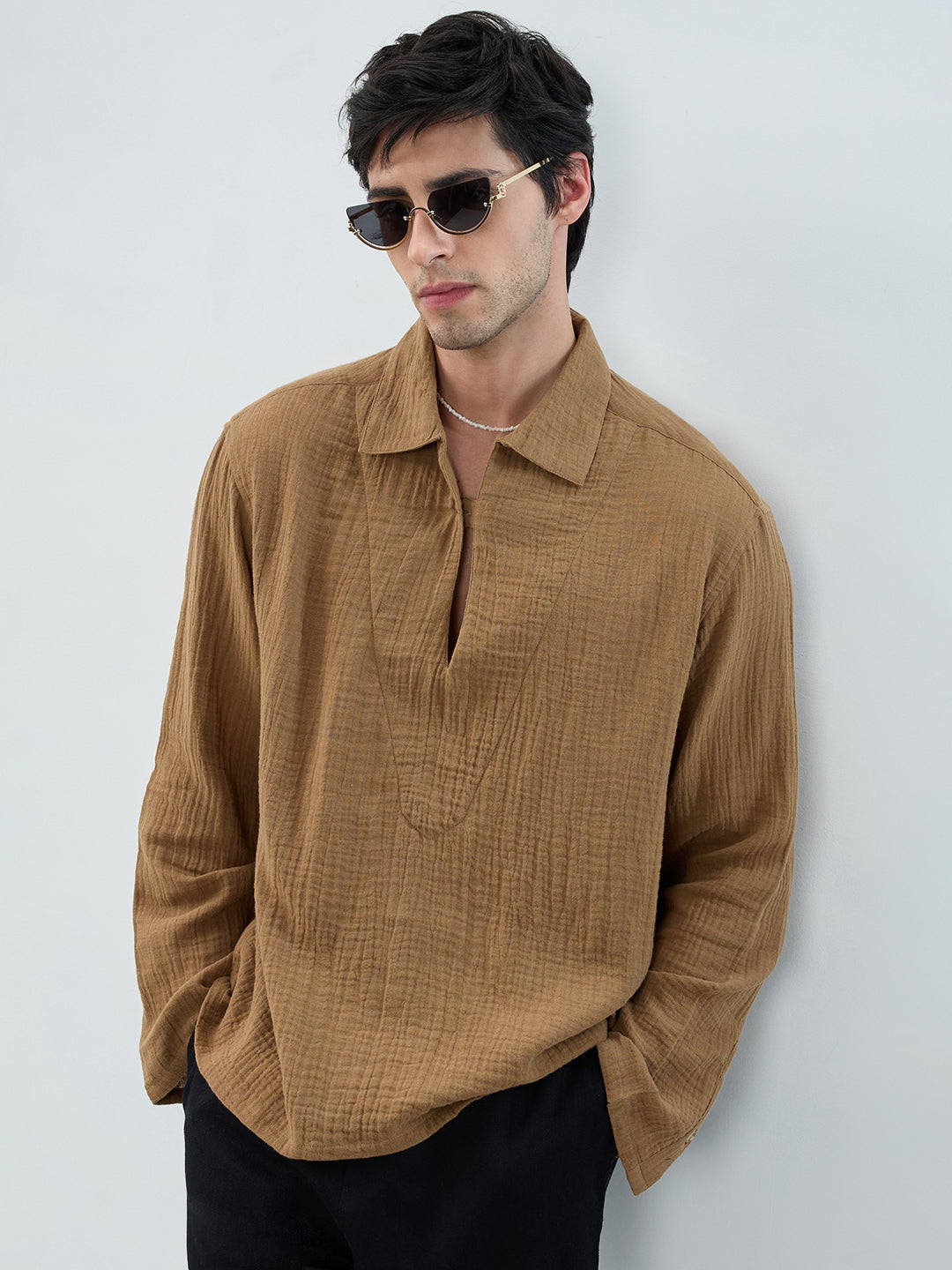 Warm Tan Textured Cuffless Double Cloth Oversized Shirt