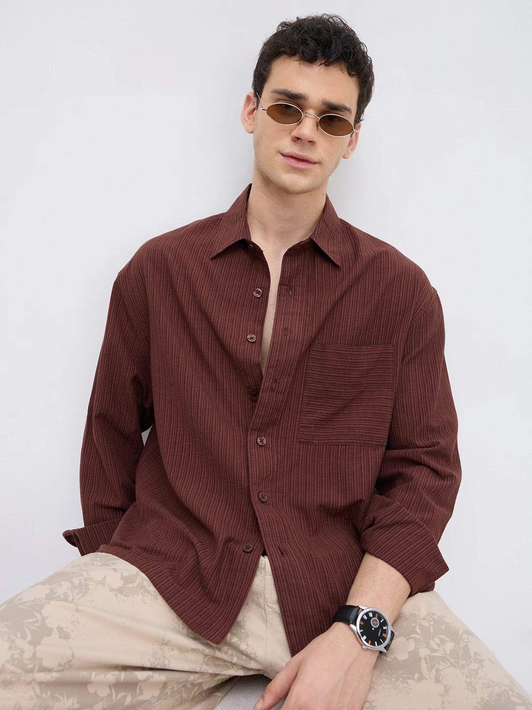 Elegant Coffee Brown Striped Boxy Fit Crop Shirt