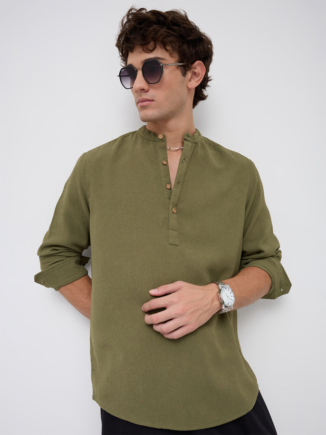 Olive Green Crepe Textured Kurta