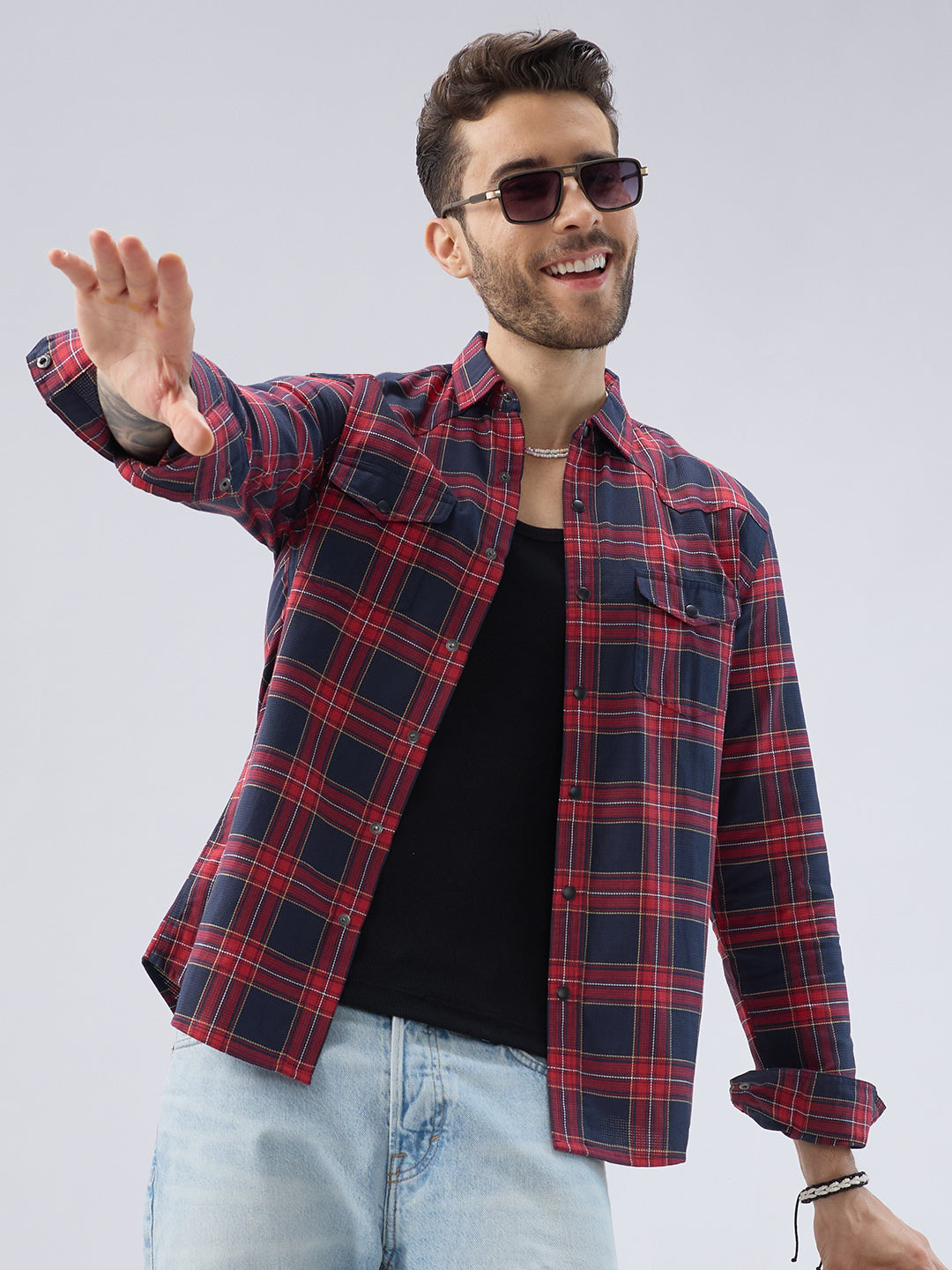 Majestic Red & Navy Tartan Checkered Twin Pocket Shirt