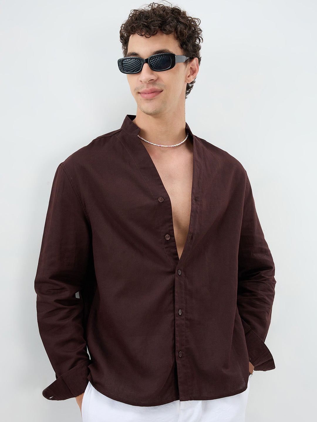 Espresso Brown Linen Blend Stand Collar Oversized Shirt