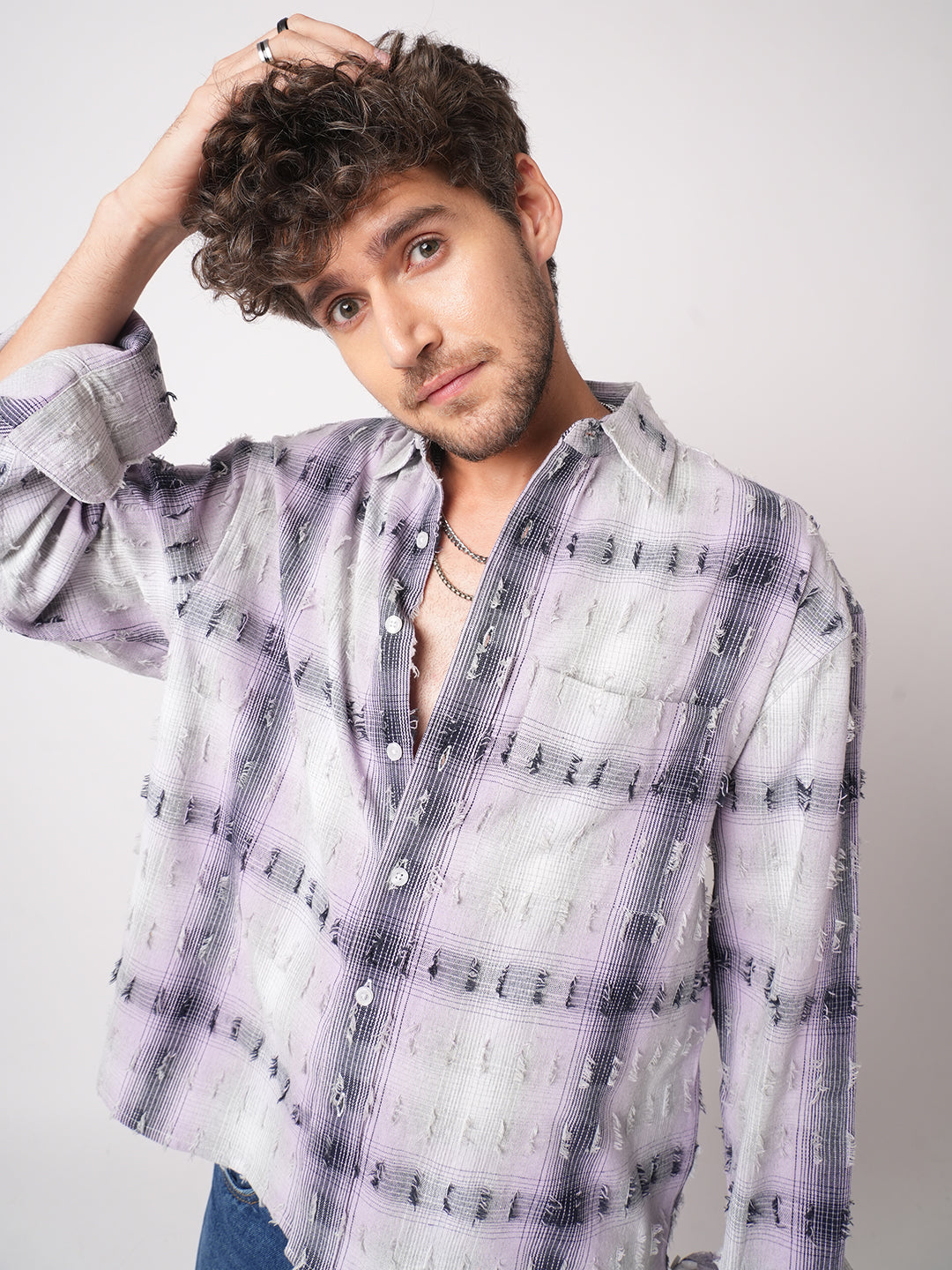 Dusky Lavender Plaid Checks Boxy Fit Frayed Crop Shirt