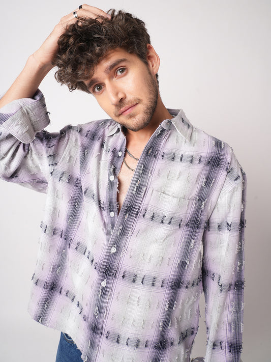 Dusky Lavender Plaid Checks Boxy Fit Frayed Crop Shirt