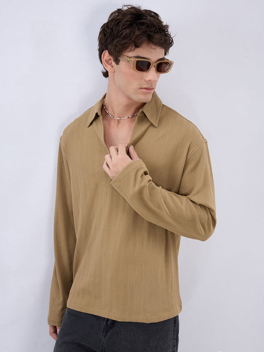 Soft Khaki Ribbed Textured Polo Oversized Knitted Shirt