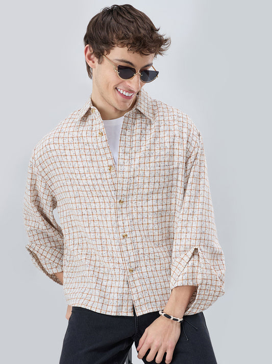 White & Brown Interweave Textured Cuffless Oversized Crop Shirt