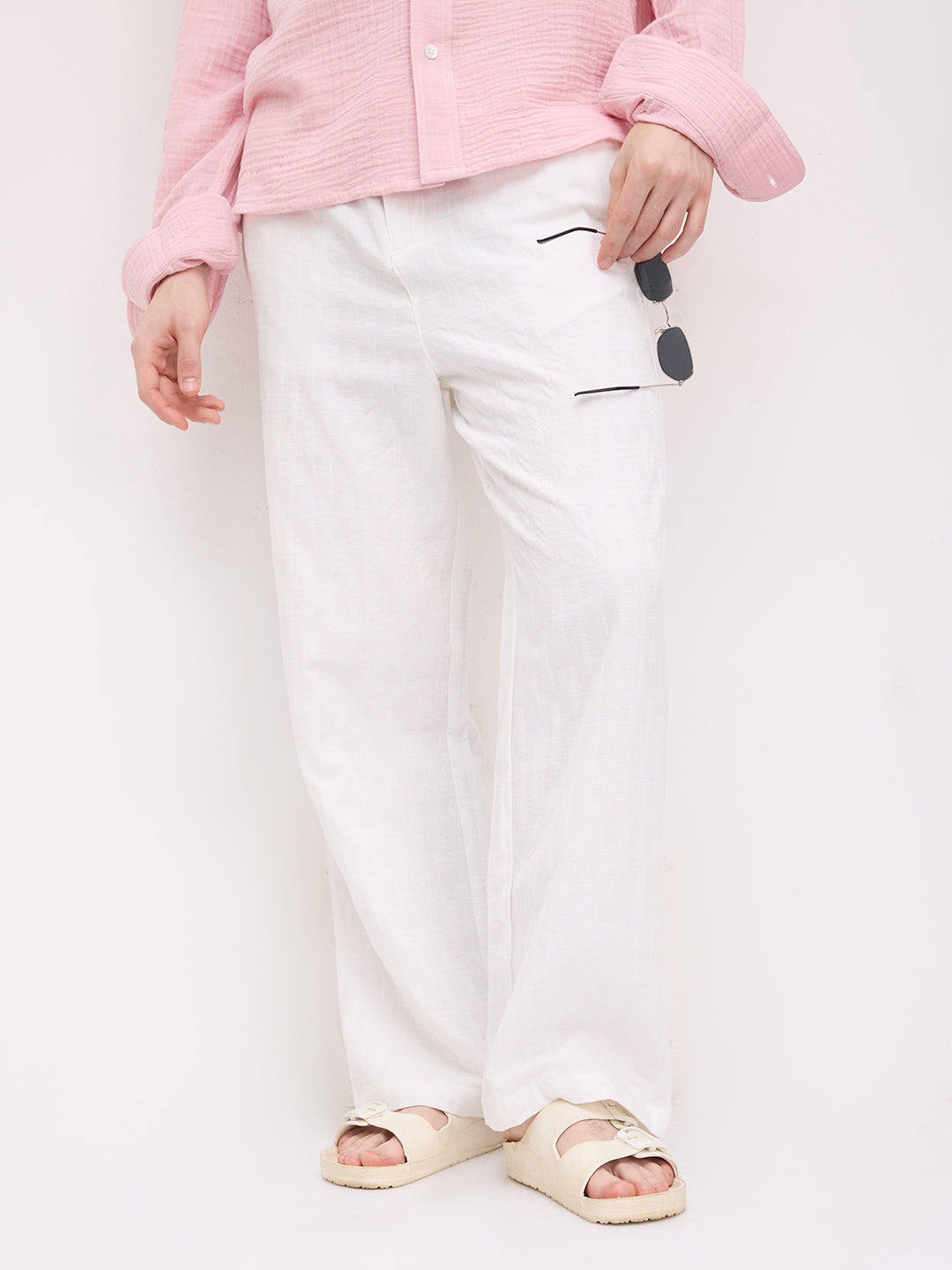 Distinctive Pearl White Architectural Weave Wide Leg Trousers