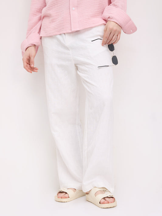 Distinctive Pearl White Architectural Weave Wide Leg Trousers